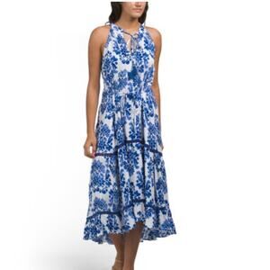 Band of the free Women's Floral Midi Dress Sleeveless Blue White M Bohemian